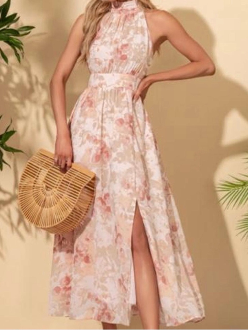 JJ’s House Janelis Halter Pink Floral Chiffon Midi Dress | Size XL